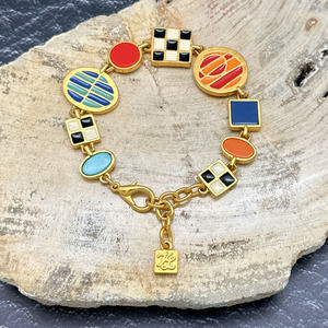 1980s KARL LAGERFELD Goldtone Modernist Style Multi-Color Enamel Link Bracelet